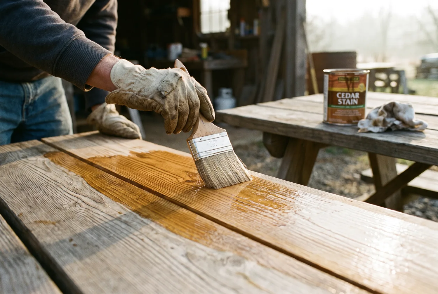 Applying penetrating oil stain to cedar planks