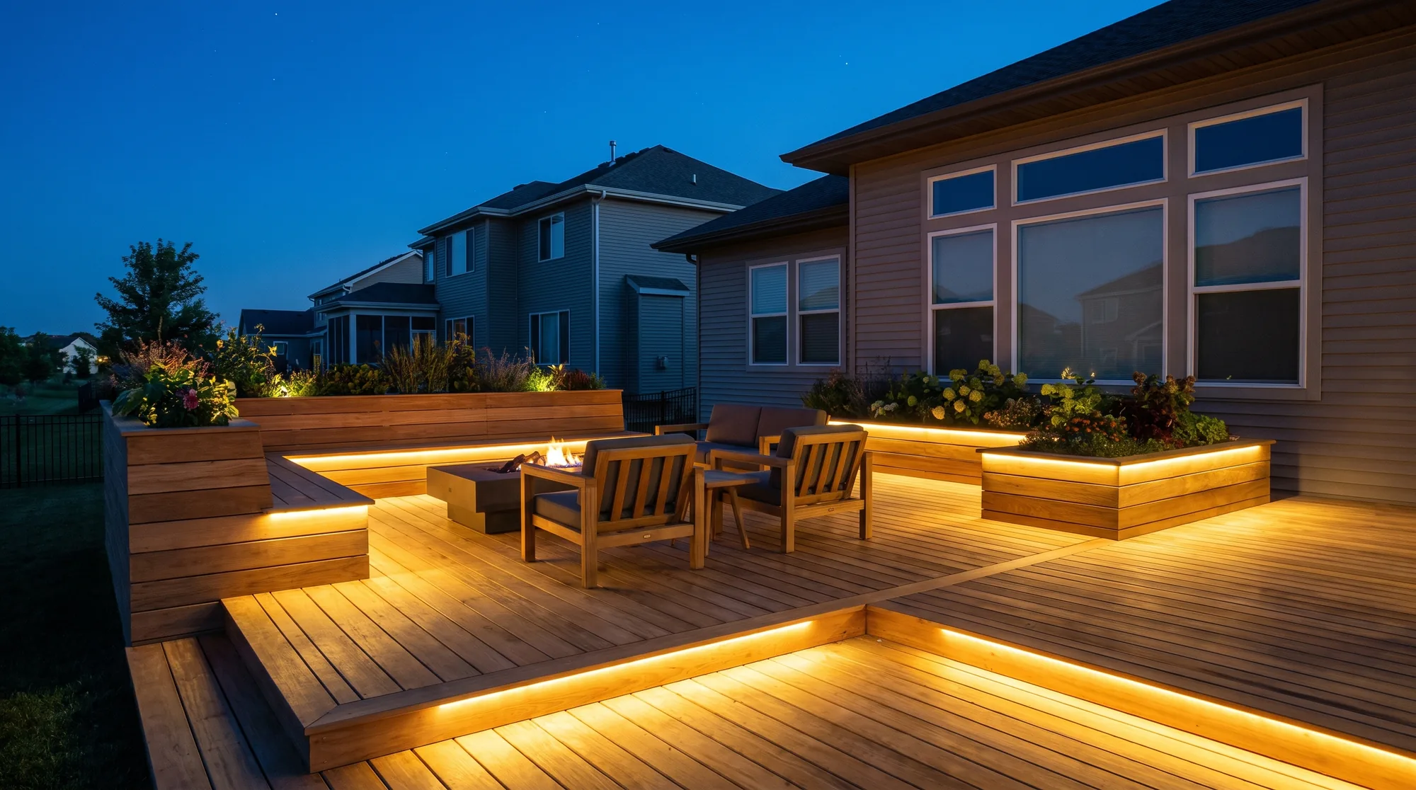 Custom wooden deck structure with lighting at dusk
