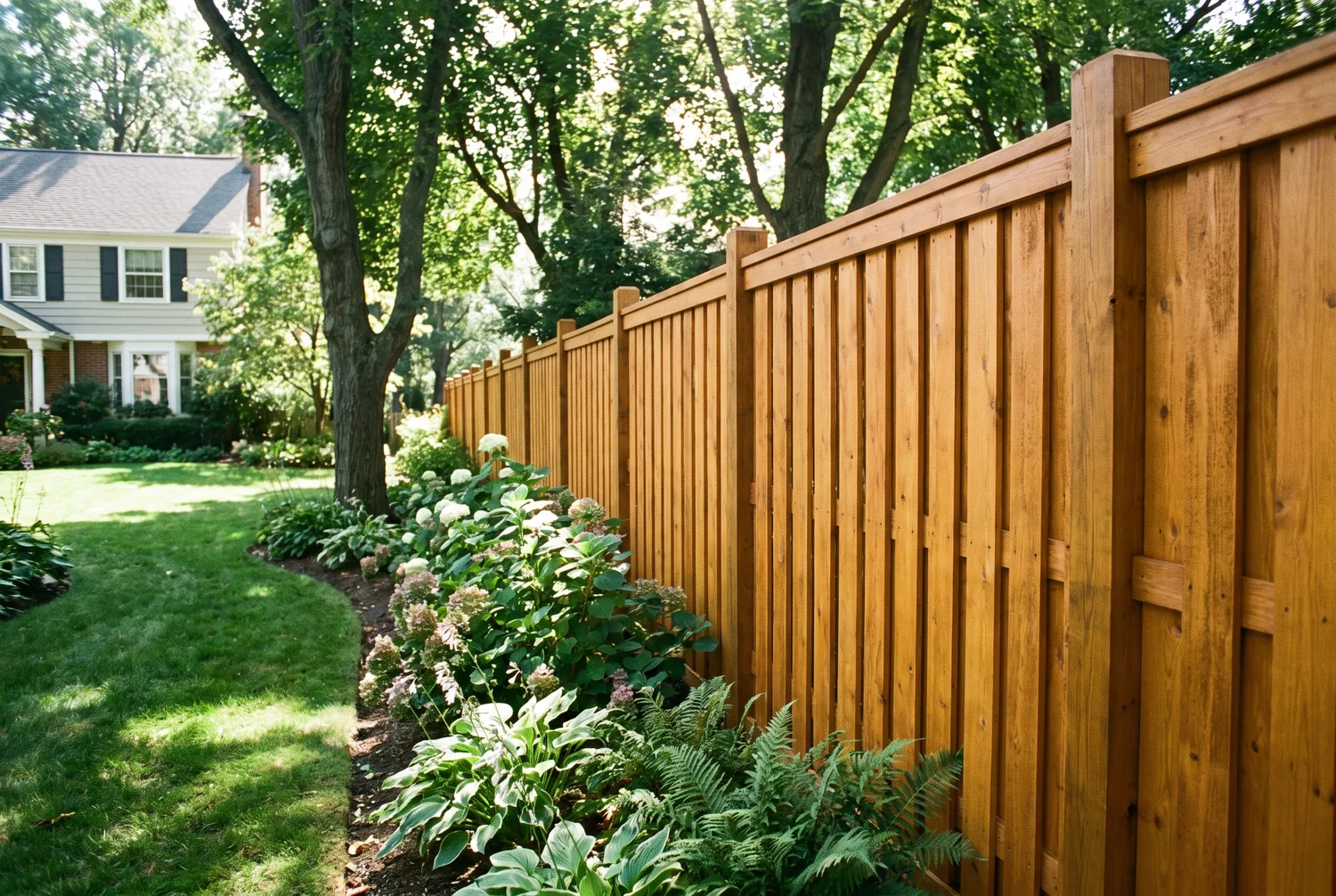 Restored cedar fence in a backyard