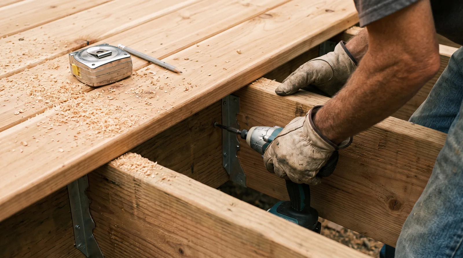 Carpenter securing a deck board